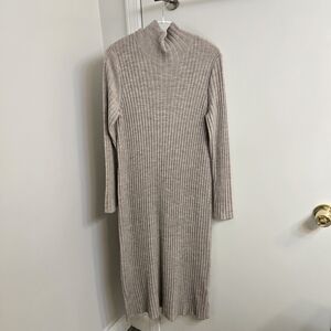 Ribbed Mock Neck Knit Dress - Taupe